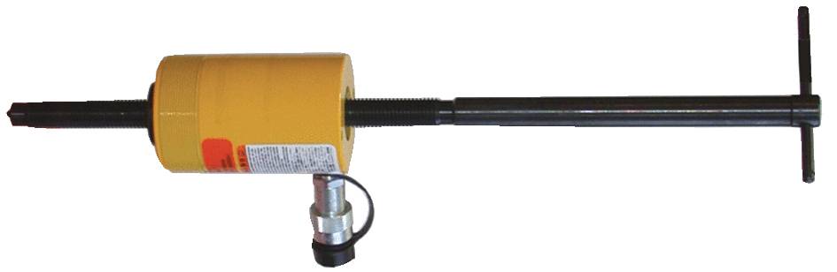 Hydraulischer Zylinder mit gelbem Gehäuse und schwarzer T-Stange, seitlich ein Anschlussventil. Verwendet für Druck- und Hebevorgänge.