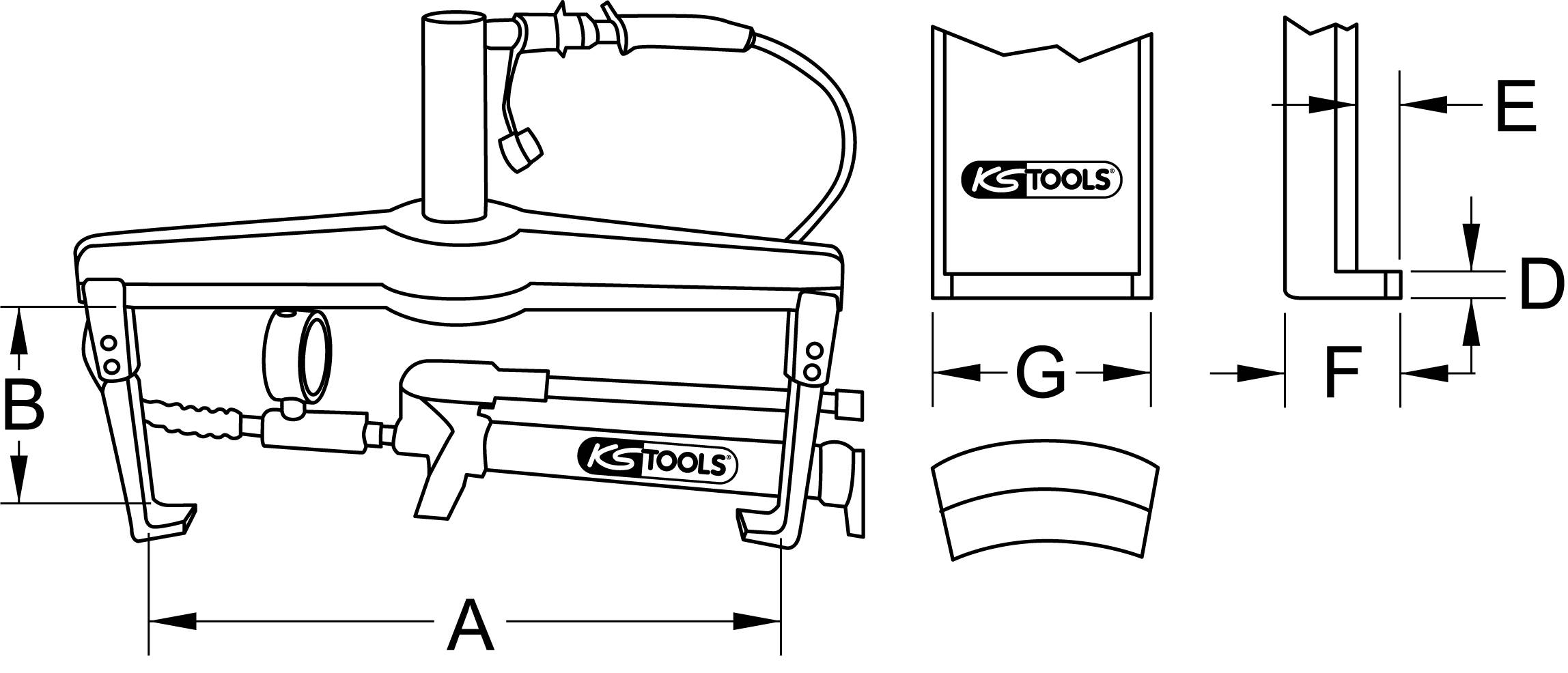 Abbildung eines Werkzeugs zum Abziehen von Kugellagerbändern mit technischen Maßen gekennzeichnet: A, B, D, E, F, G.