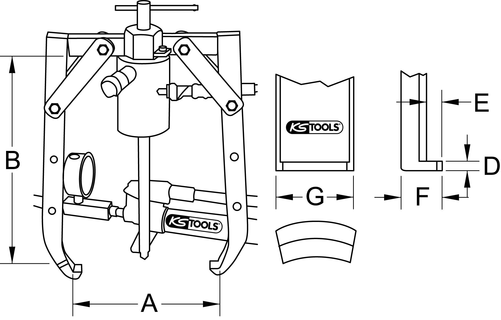 Maschinenfassung mit Maßen: Breite (A), Höhe (B), Klemm- (D), Spann- (E) und Werkzeugbreite (F), Detailansichten rechts.