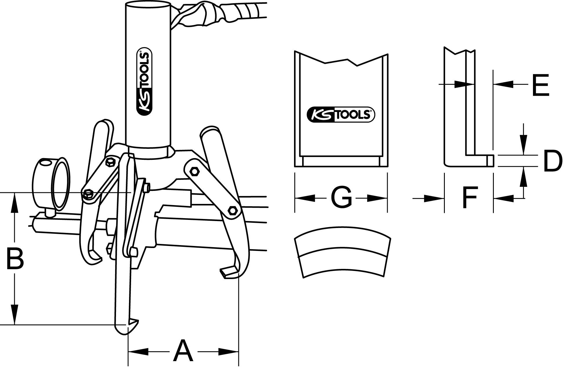 Explosionszeichnung eines Werkzeugs. Hauptkomponenten sind markiert mit A, B, D, E, F, G. Logoelemente des Herstellers 'KS Tools'.