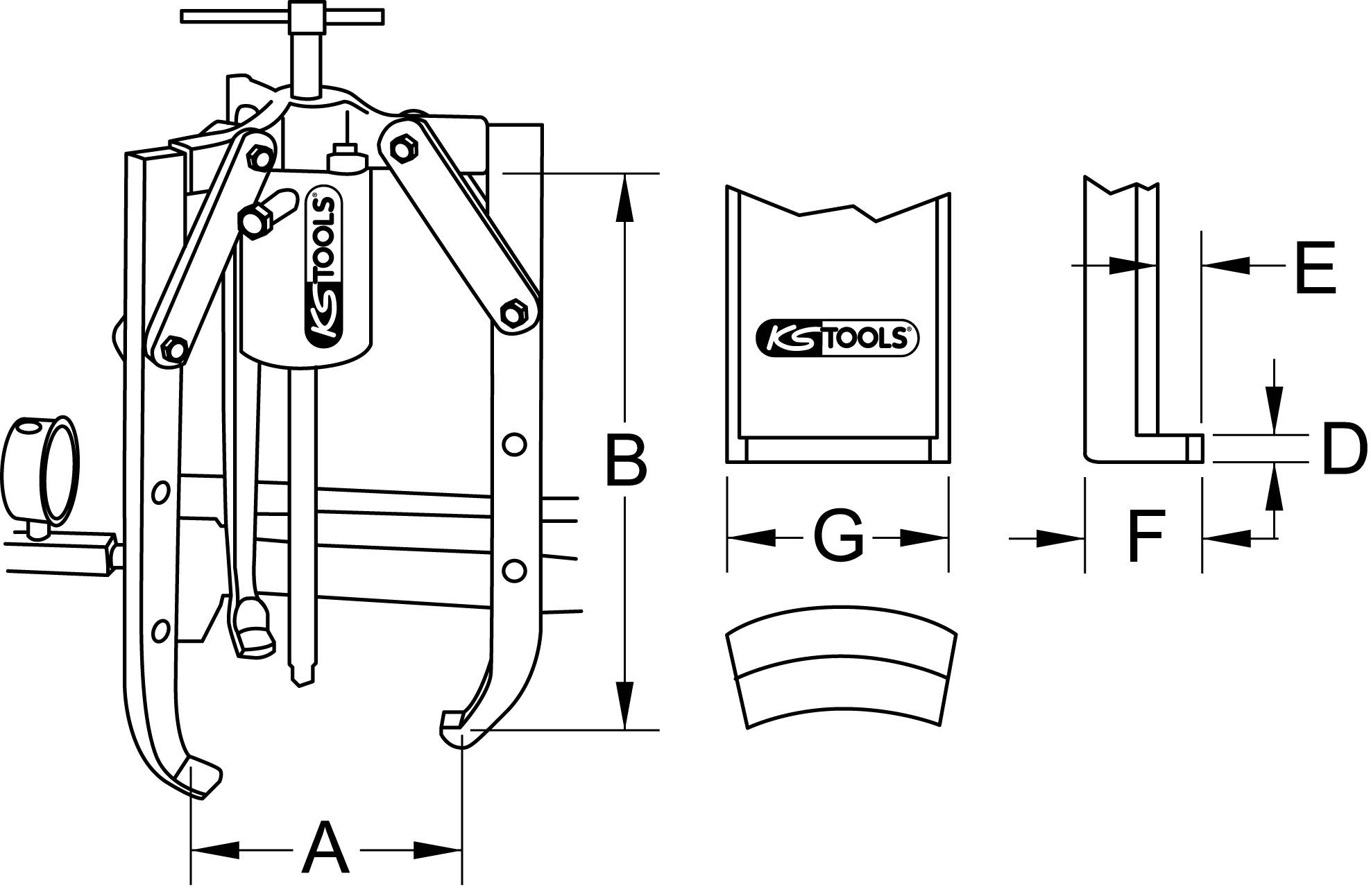 Technische Zeichnung eines Abziehers von KS Tools mit geraden und gebogenen Backen. Maße A, B, D, E, F, G sind angegeben.