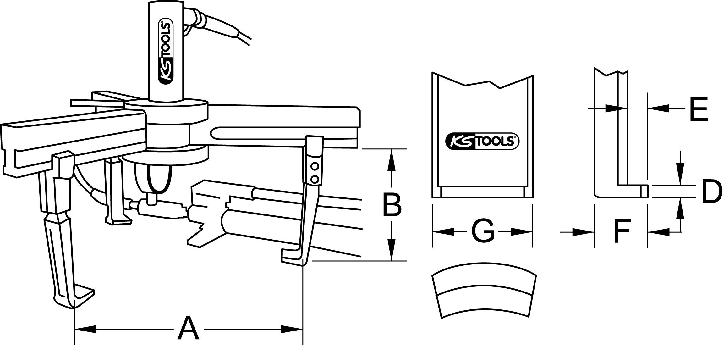 Ein technisches Diagramm eines Abziehers mit technischen Maßangaben A, B, D, E, F, G und Teilen mit KS Tools-Logo.