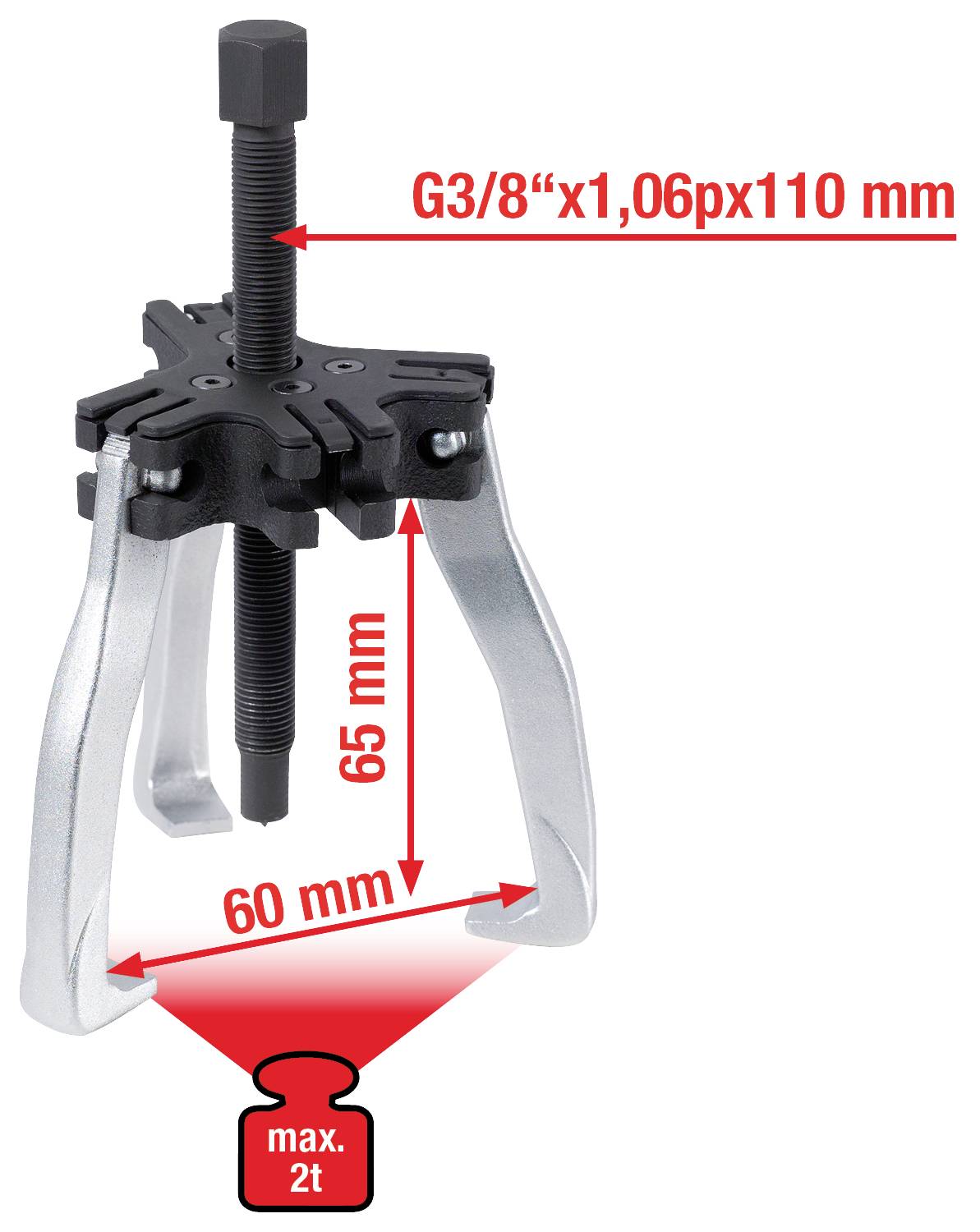 Zweibeiniger Abzieher mit einer Spannweite von 60 mm und einer Verstellhöhe von 65 mm. Belastungsgrenze beträgt maximal 2 Tonnen.