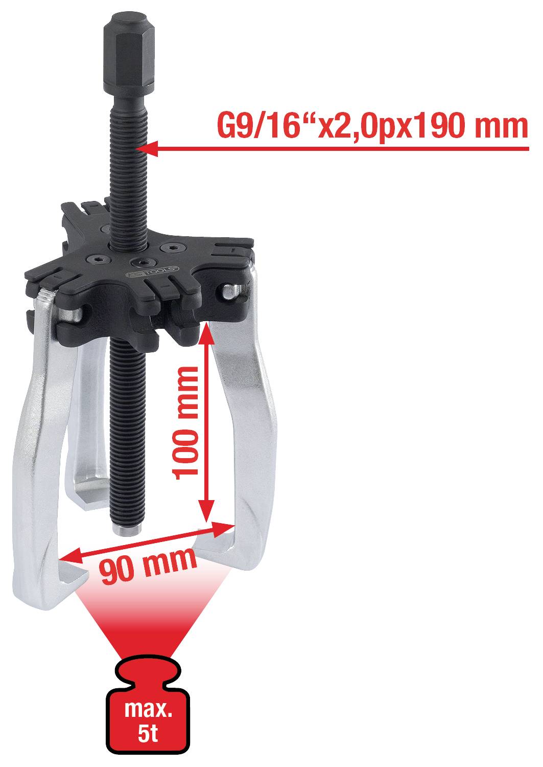 Abzieher-Werkzeug mit Spannweite von 90 mm, Zugtiefe von 100 mm, max. Belastung 5t. Schraube G9/16
