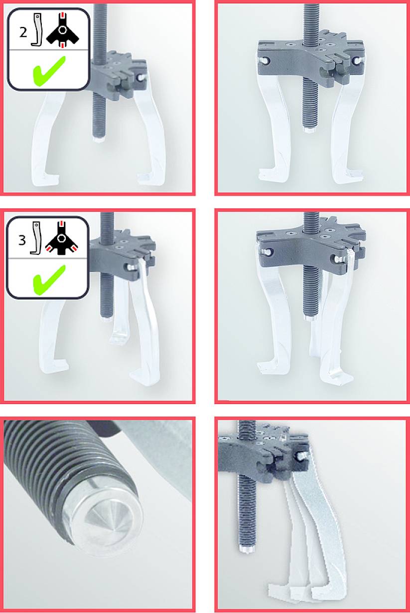 Sechsbilderanleitung zum Montieren eines Dreiarm-Abziehers, zeigt Schritt-für-Schritt-Prozess mit gezeichneten und fotografierten Darstellungen.