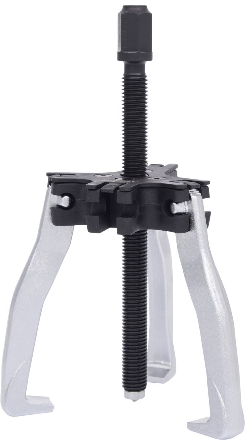 Abzieherwerkzeug mit drei verstellbaren Greifarmen und zentraler Gewindestange, verwendet zum Entfernen festsitzender Teile.