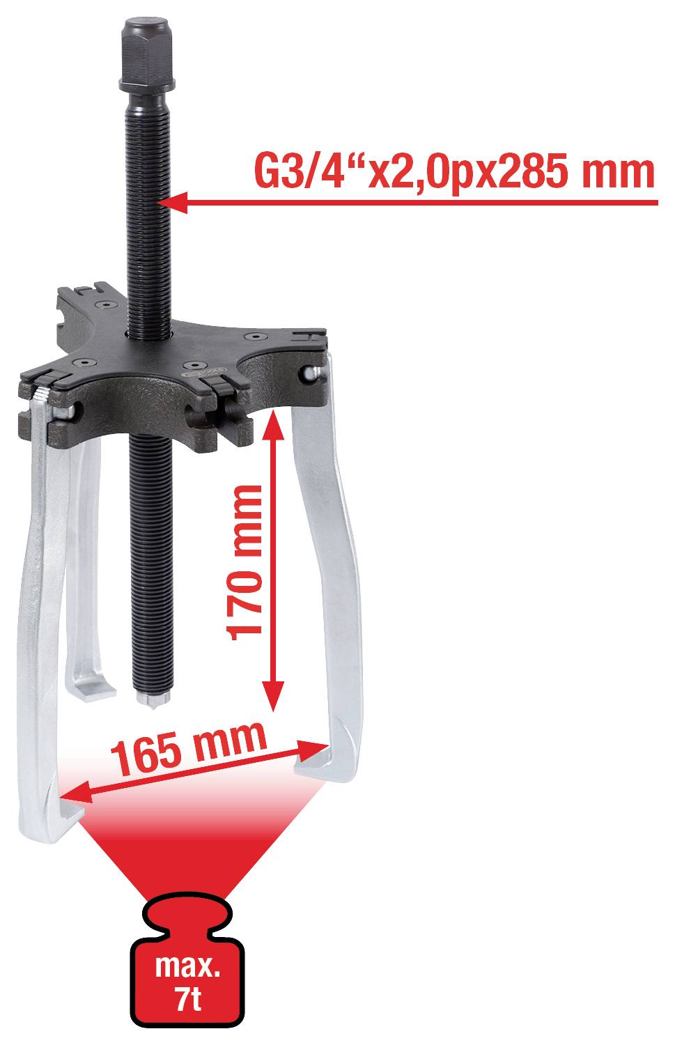 Abzieher mit drei Armen und Schraube, Länge 170 mm, Spannweite 165 mm, maximaler Druck 7 Tonnen.