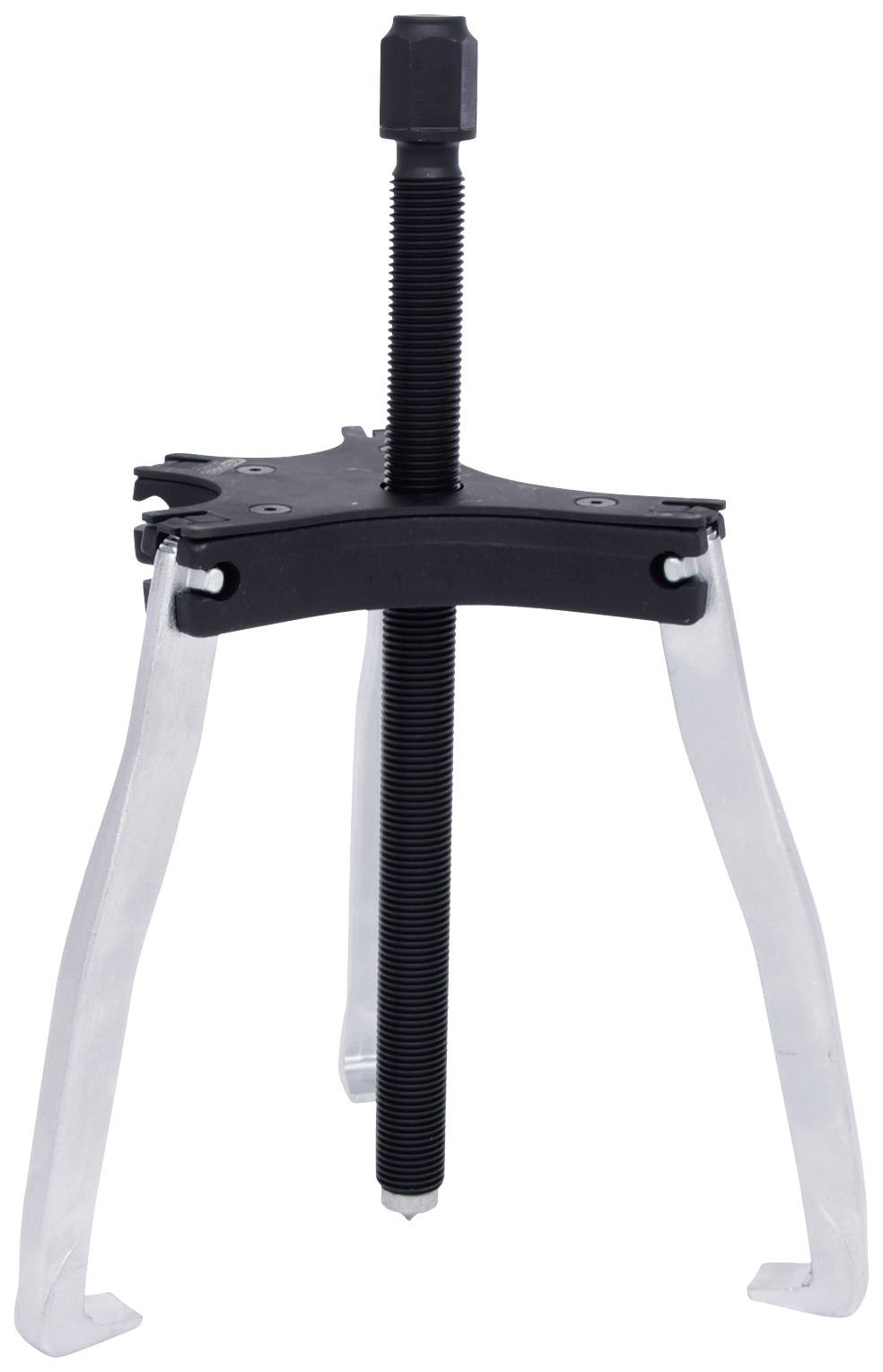 Dreibeiniger Abzieher mit schwarzer Spindel und silbernen Armen, dient zum Entfernen von Lagern und Riemenscheiben aus Maschinen.