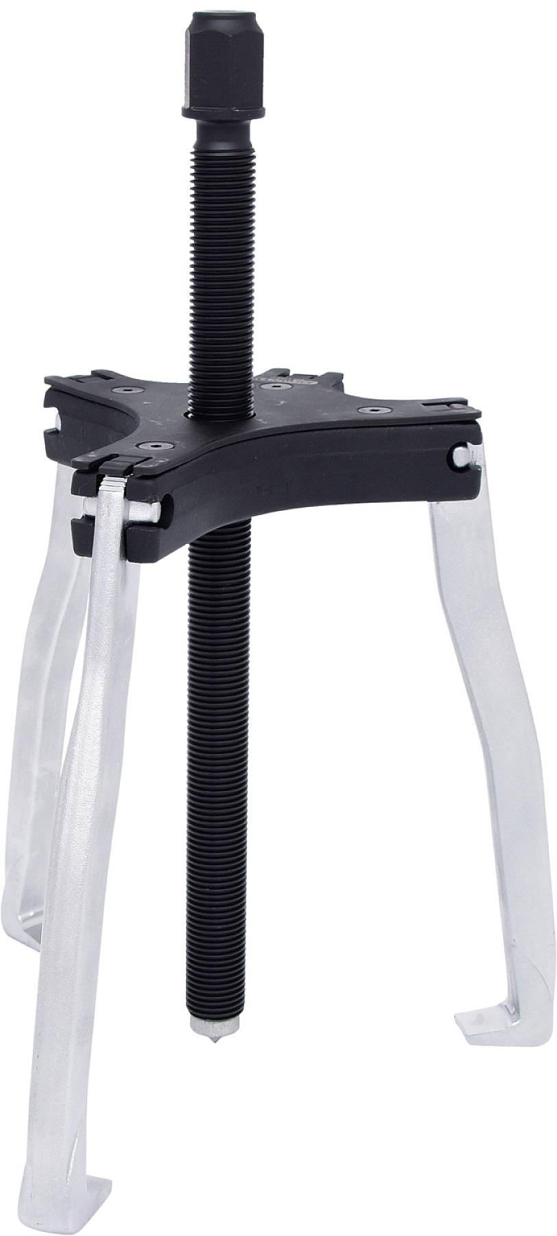 Ein dreibeiniger Abzieher mit einer zentralen Spindel aus Metall, verwendet zum Entfernen von Zahnrädern oder Lagern von einer Welle.