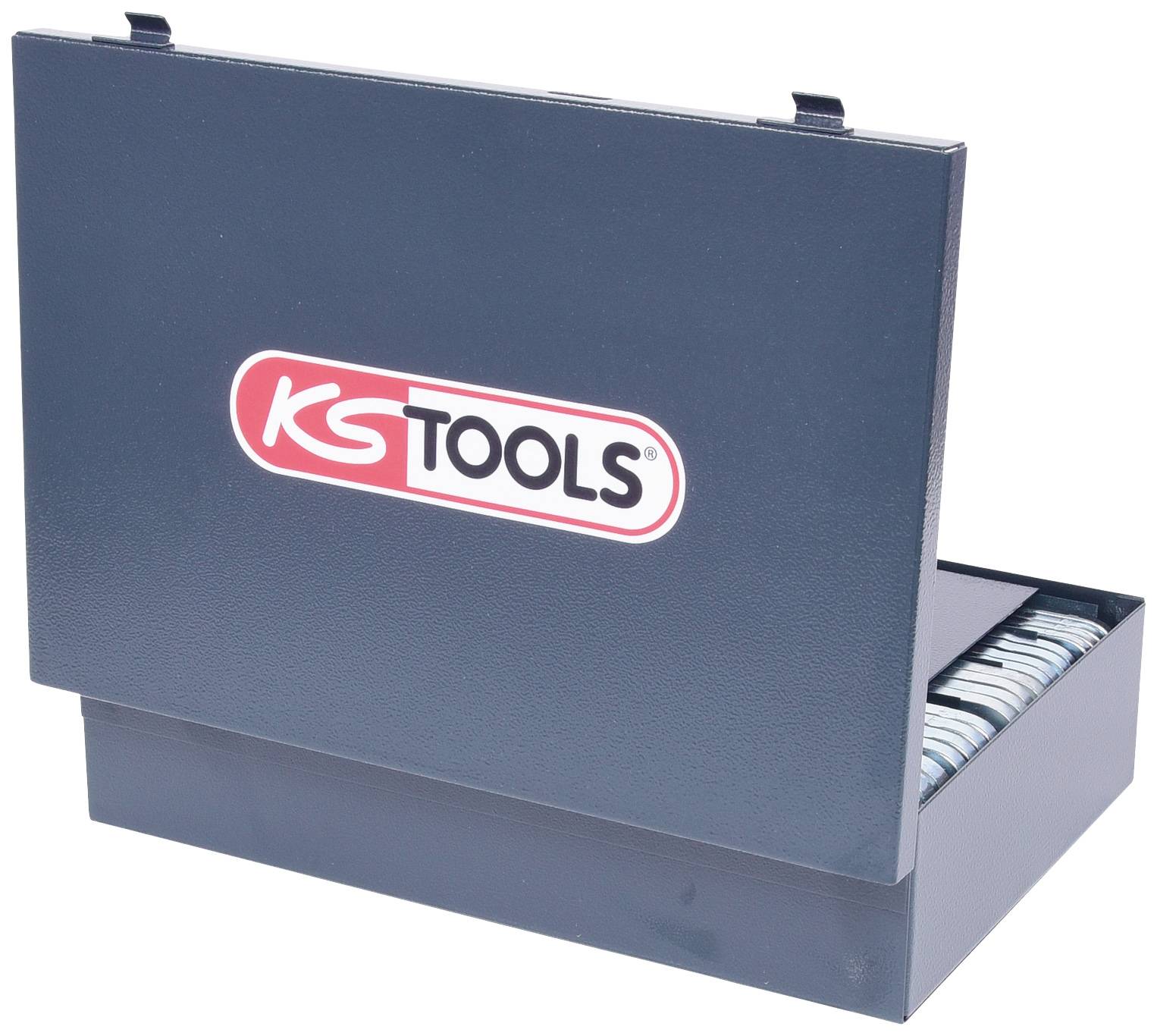Ein dunkelblauer Werkzeugkasten mit dem Logo 'KS TOOLS' auf der Vorderseite ist leicht geöffnet und zeigt gestapelte Inhaltsteile.