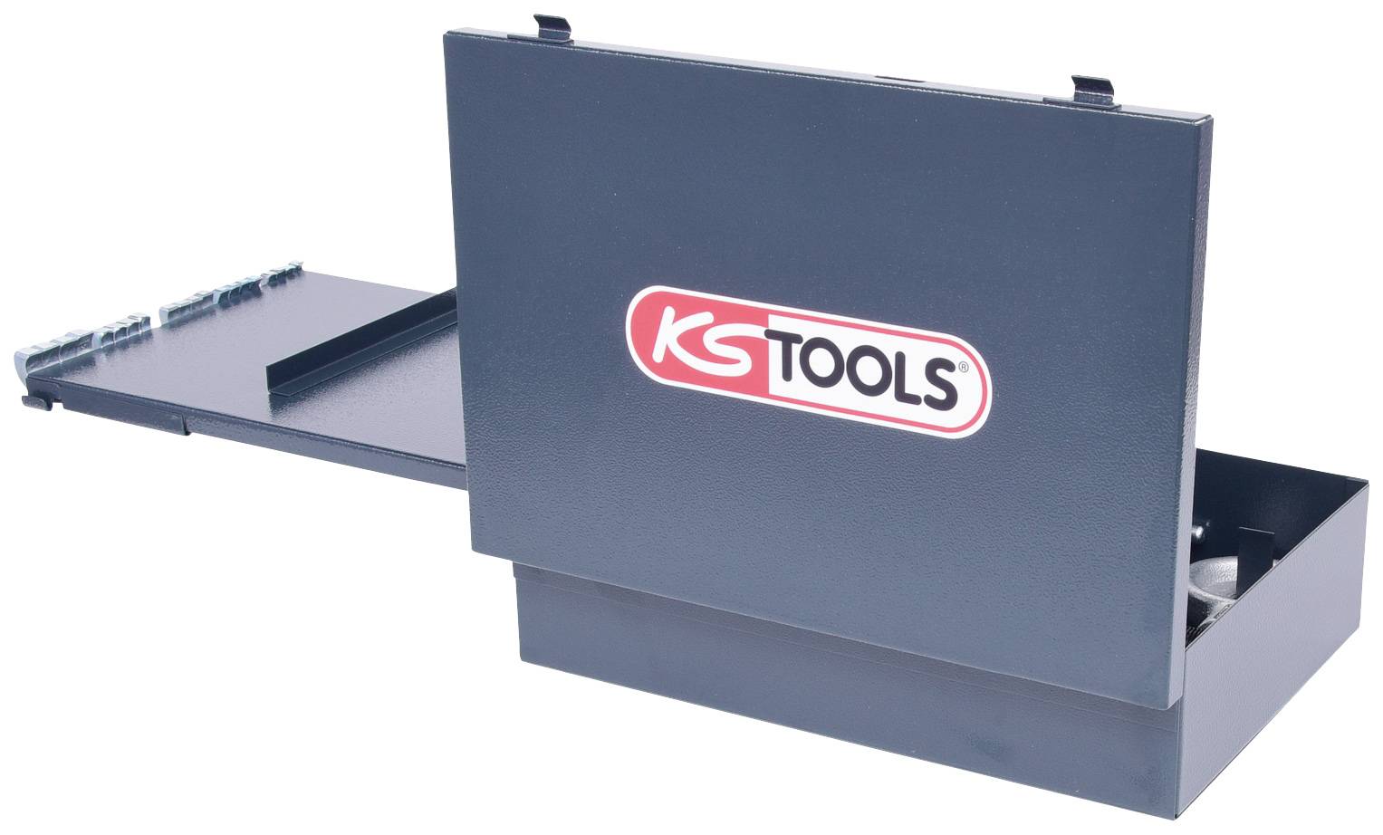 Metallene Werkzeugkiste mit Schiebefach, geöffnet, zeigt Innenraum. Auf der Vorderseite ist ein rotes 'KS Tools'-Logo sichtbar.