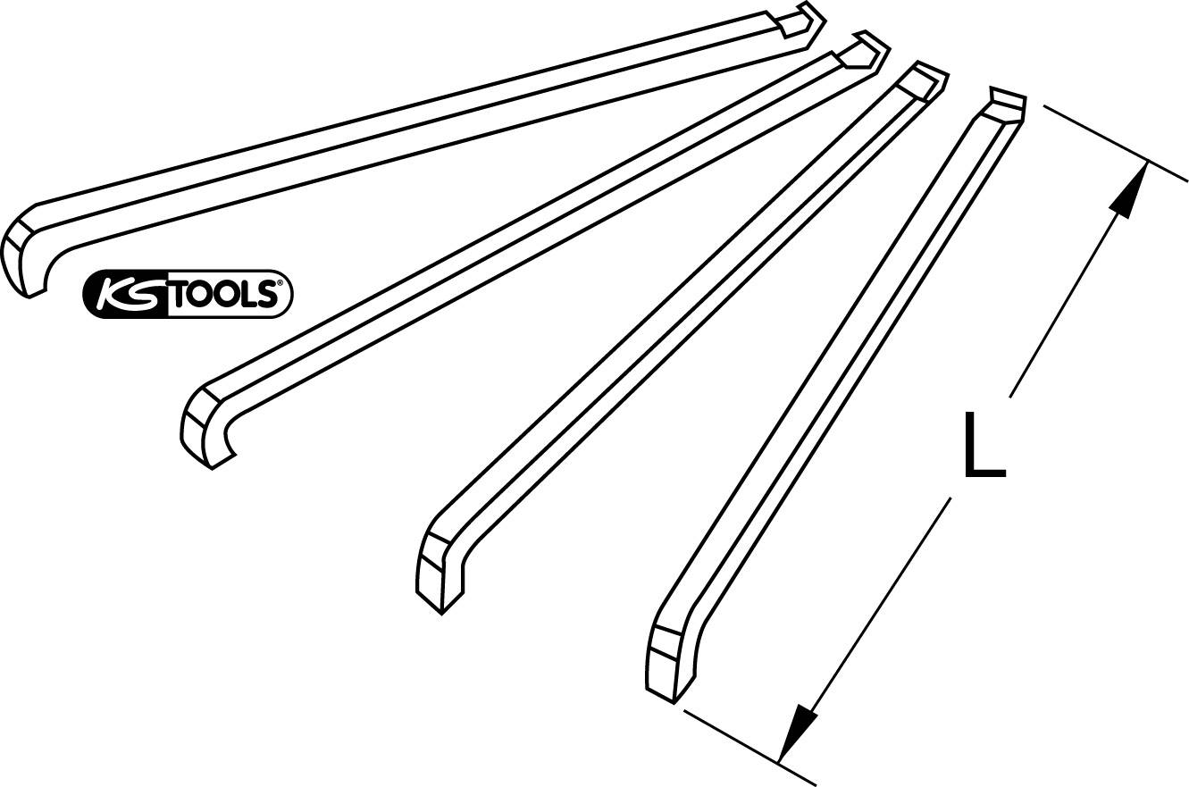 Fünf abgewinkelte Montierhebel in unterschiedlichen Größen mit einem 'KS Tools' Logo, dargestellt in einer linienbasierten Illustration.