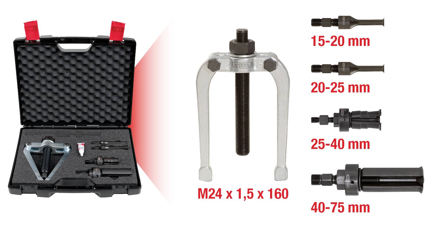 Auszieher-Set mit verschiedenen Größenoptionen (15-20 mm, 20-25 mm, 25-40 mm, 40-75 mm). Zentraler Auszieher M24 x 1,5 x 160.