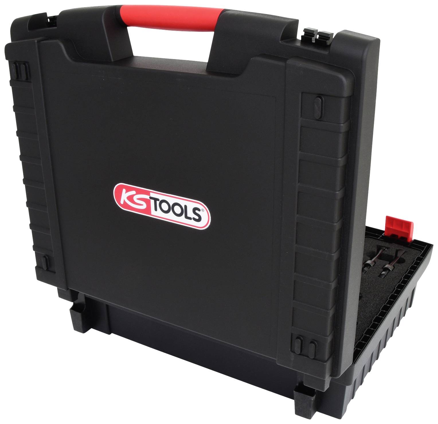 Schwarzer Werkzeugkoffer mit rotem Griff, Logo 'KS TOOLS' auf Vorderseite; robuste Bauweise, geeignet für handwerkliche Aufbewahrung.