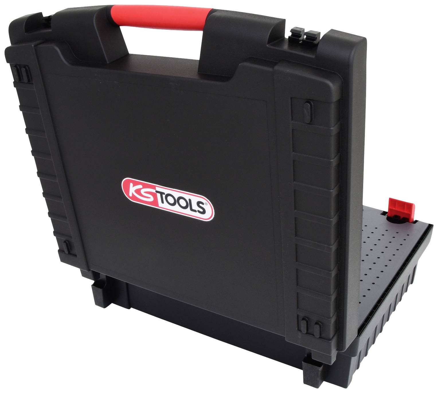 Ein schwarzer Werkzeugkoffer mit rotem Griff und 'KS TOOLS' Logo an der Seite steht aufrecht.