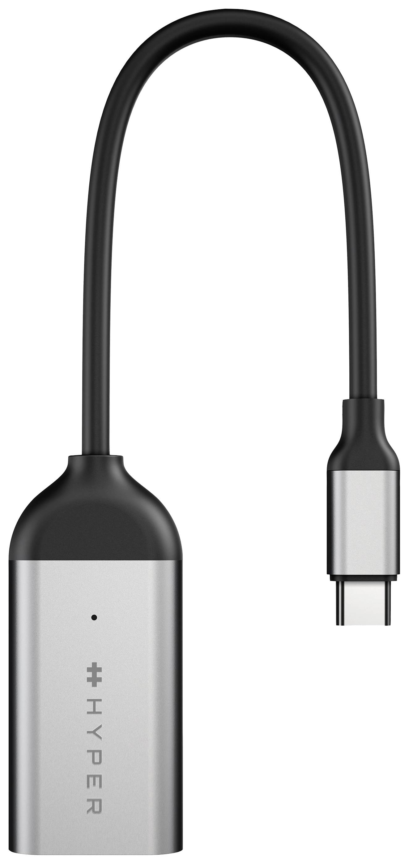 USB-C Adapter von Hyper in Silber und Schwarz, geeignet für Konnektivitätserweiterung wie HDMI, Ethernet und USB-A Anschlüsse.