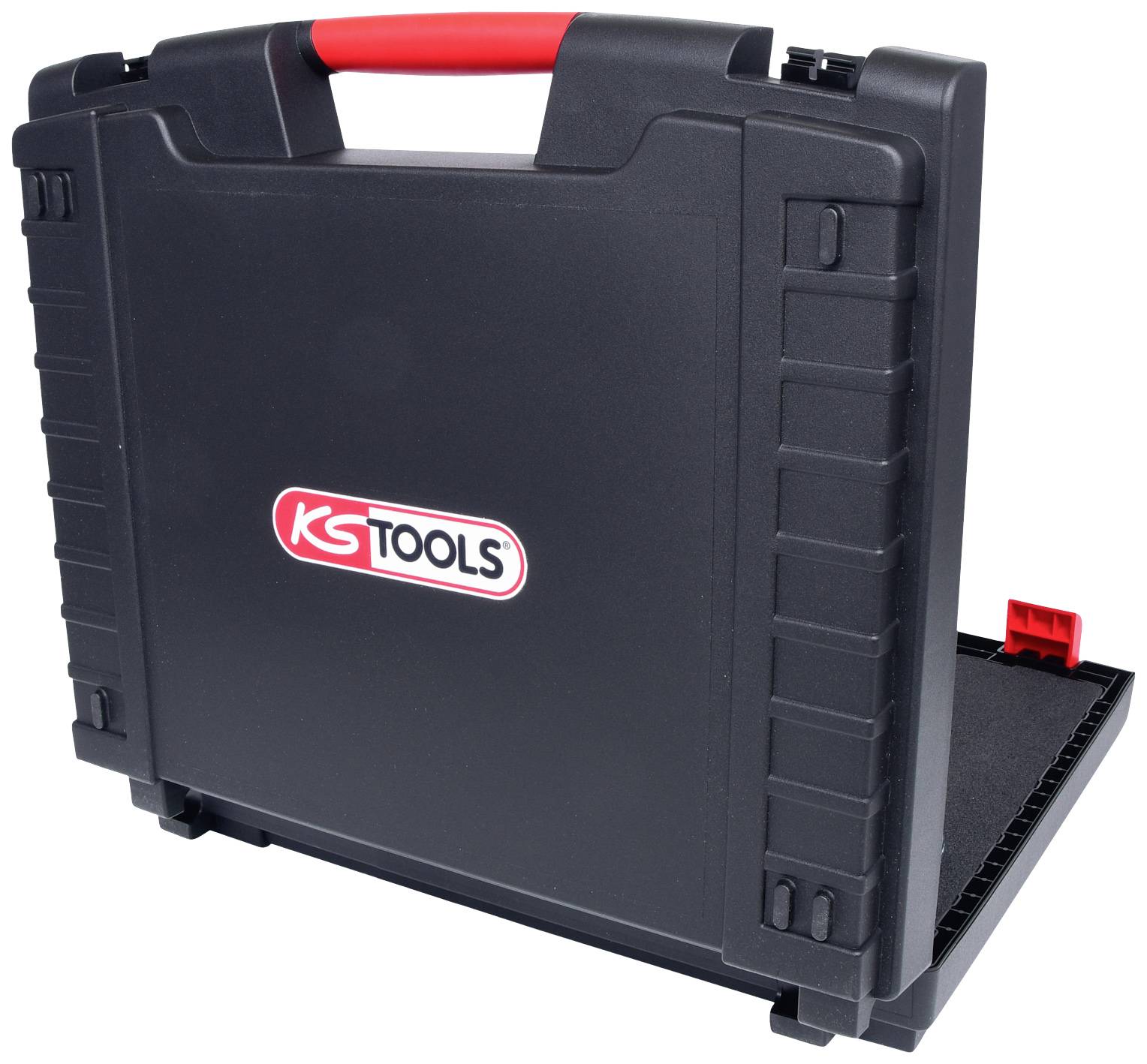'KS Tools' Werkzeugkoffer mit rotem Griff, geschlossen. Robust und tragbar, ideal zur Aufbewahrung und Transport von Werkzeugen.