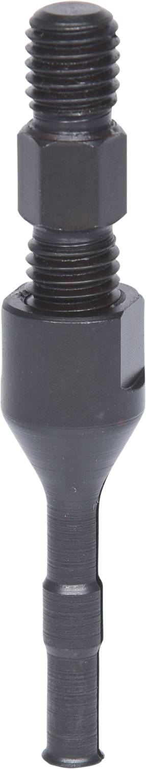 Ein schwarzer, metallischer Adapter mit zwei Gewindeanschlüssen, geeignet für Verbindungs- oder Befestigungszwecke in technischen Anwendungen.