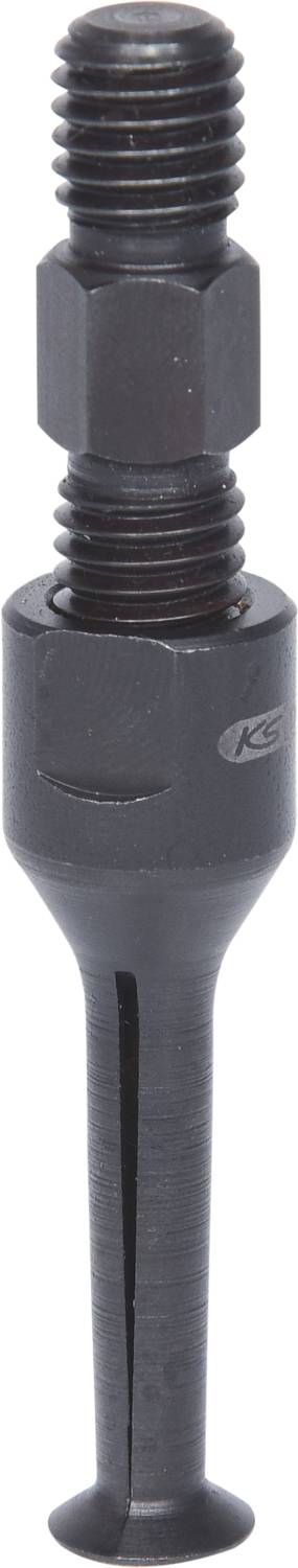 Ein schwarzer metallischer Gewindebolzen mit einem breiten Ende und schmalerem Gewindeoberteil. Verwendet in Maschinen- oder Fahrzeugmechanik.