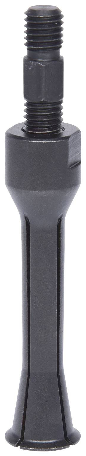 Ein metallischer Bolzen mit einem Gewinde an der Spitze und einem verbreiterten unteren Ende, vermutlich ein Verbindungselement.