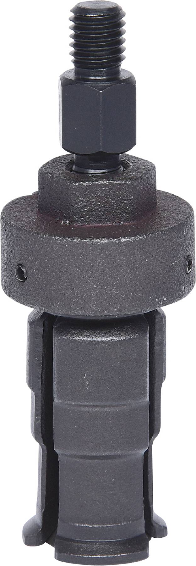 Ein schwarzes Metallwerkzeug mit einem Schraubengewinde oben und einem zylinderförmigen Körper unten, wahrscheinlich zur industriellen Anwendung.