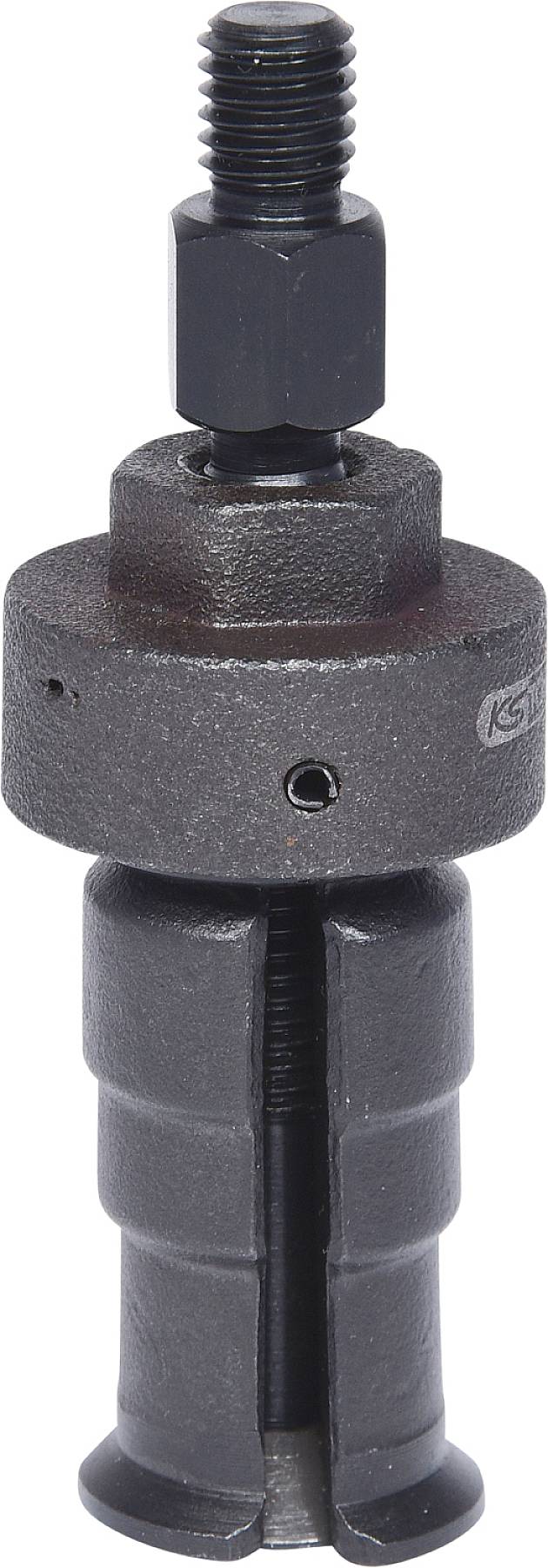 Ein schwarzes Metallwerkzeug mit Schraubgewinde, vermutlich ein Abzieher oder ein spezifisches Kfz-Werkzeug zur Teilemontage.