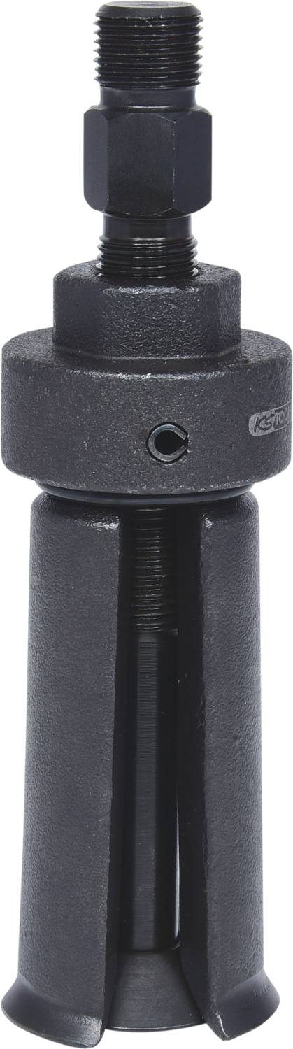 Ein schwarzes Metallwerkzeug mit zylindrischer Form und Schraubmechanismus, vermutlich ein Abzieher für mechanische Arbeiten.