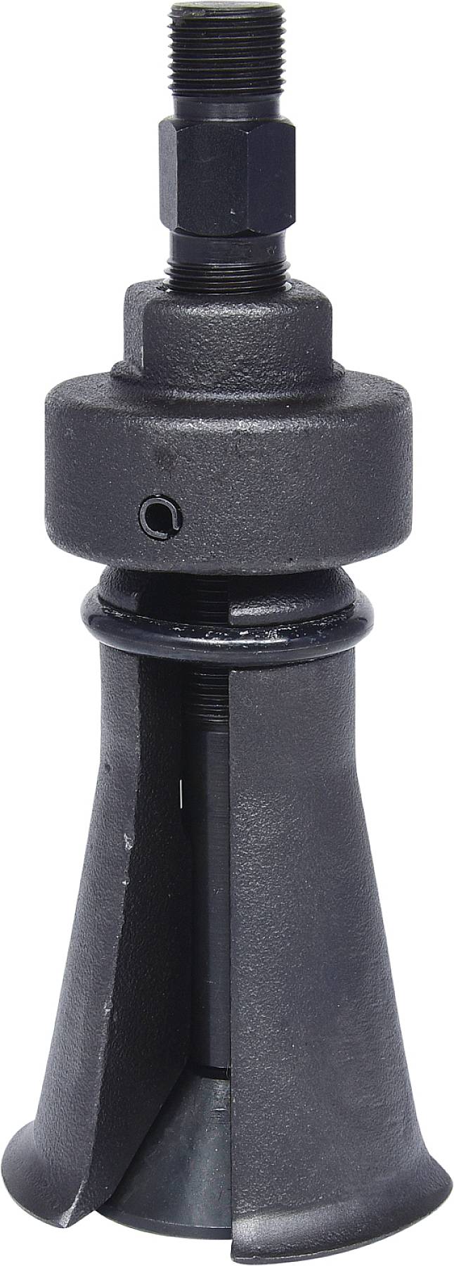 Ein schwarzes, mechanisches Werkzeug oder Gerät, vermutlich ein Abzieher oder Presswerkzeug, mit robustem, zylindrischem Design.