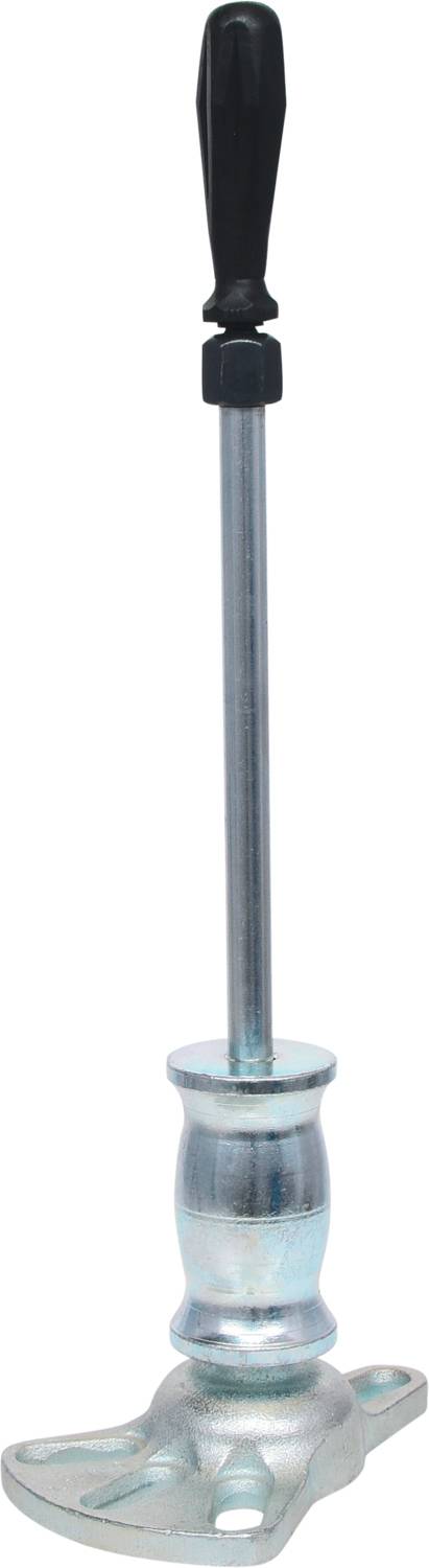 Stützfuß aus Metall mit schwarzem Griff, montiert auf einer flachen Bodenplatte, verwendet zur Stabilisierung oder Unterstützung.