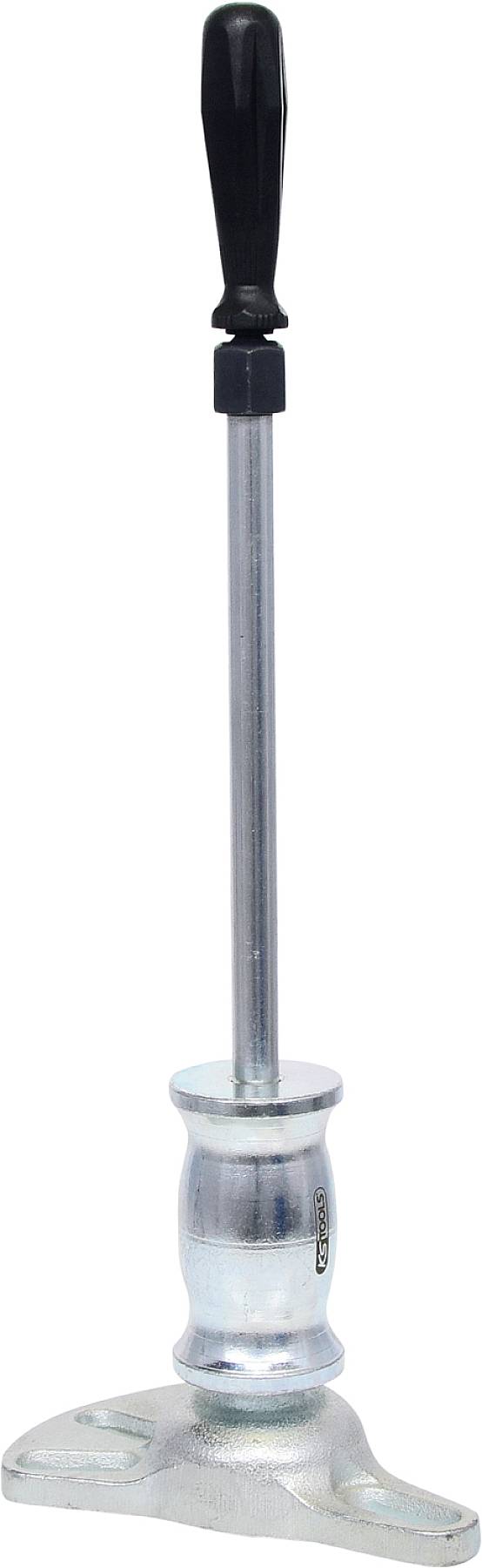 Metallischer Hebelgriff mit schwarzem Griff auf einem runden Sockel, verwendet für industrielle oder mechanische Anwendungen.