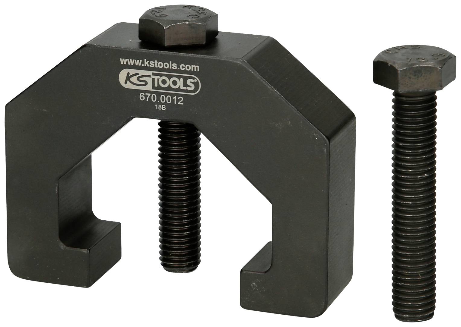 Zwei Schraubteile und ein C-förmiger Metallhalter. Text auf Halter: 'kstools.com, 670.0012'.