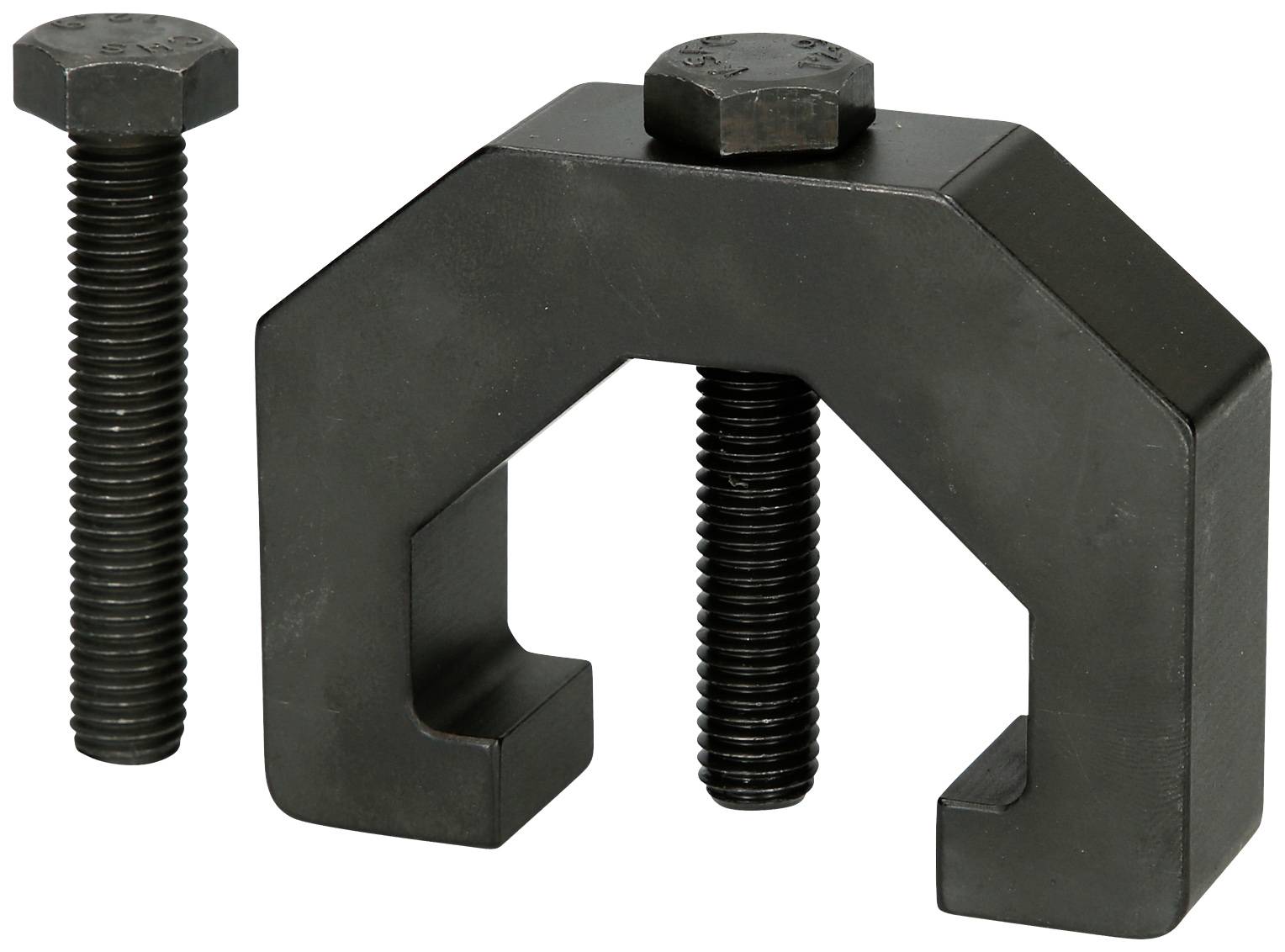 Schwarzes Metallspannwerkzeug mit zwei Schrauben, eine befestigt am Werkzeug, die andere separat. Dient dem Halten oder Fixieren.