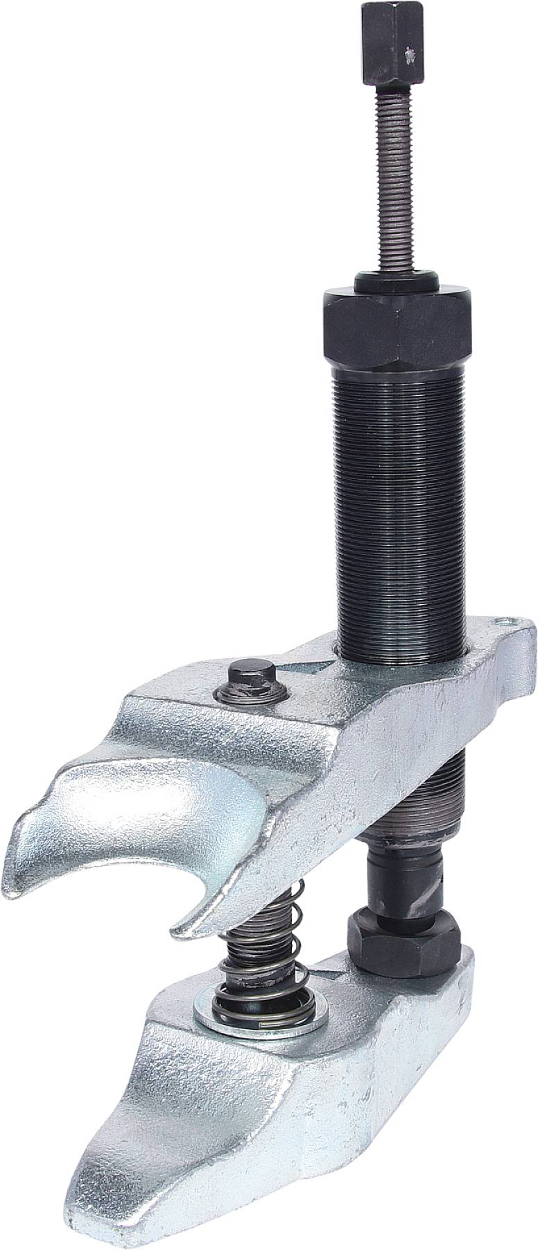 Ein silberfarbener Abzieher mit zwei gebogenen Haken und einer Gewindespindel. Werkzeug zum Entfernen von Lagern oder Zahnrädern.