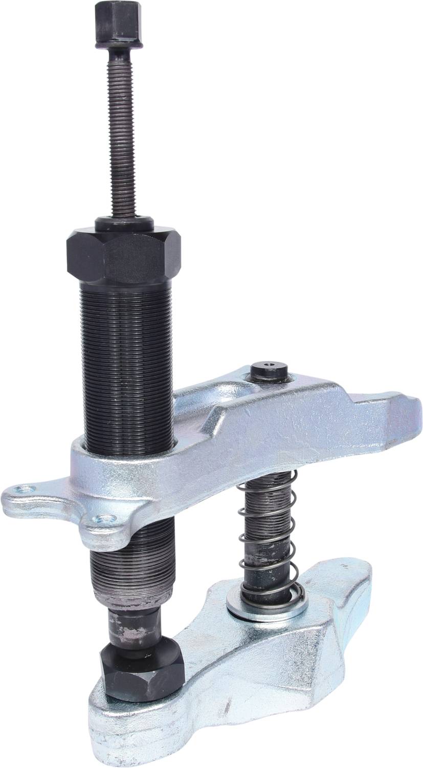 Ein Abzieherwerkzeug aus Metall, das zum Entfernen von Lagern oder Zahnrädern verwendet wird, mit drehbarer Spindel und stabiler Basis.