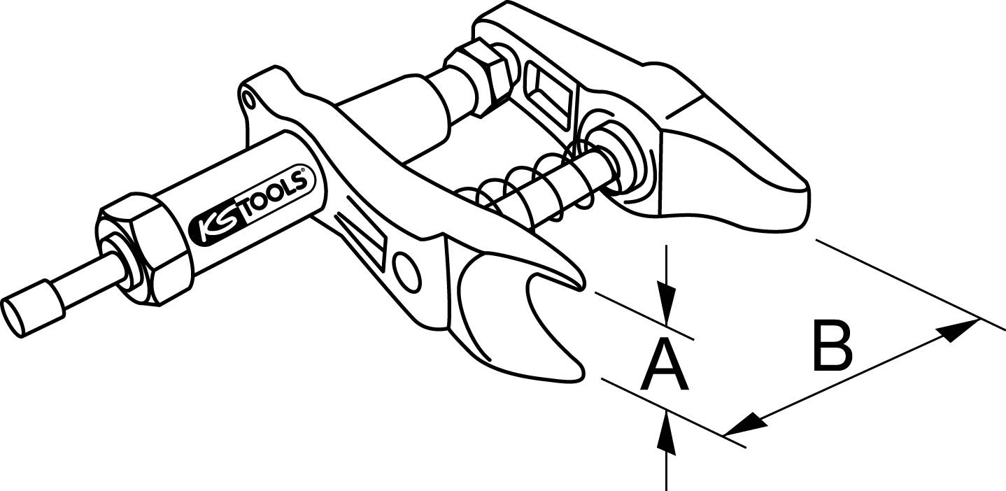 Zeichnung eines verstellbaren Schraubenschlüssels mit markierten Abständen 'A' und 'B'. Fokus auf Mechanik und Abmessungen des Werkzeugs.