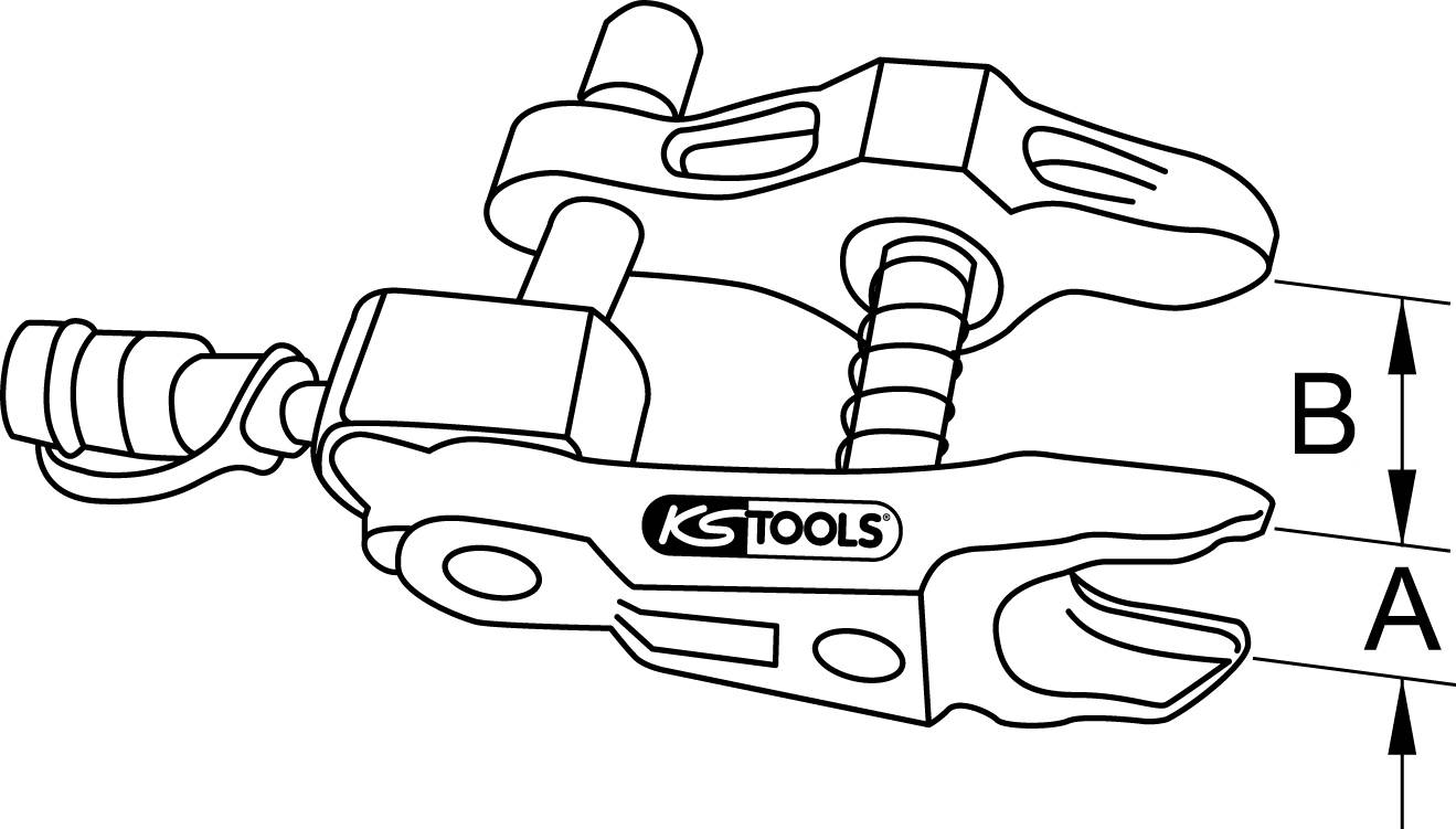 'KS TOOLS' Abzieher-Diagramm zeigt Werkzeugelemente, Hebel und Schrauben. Bereiche A und B sind markiert, Details nicht spezifiziert.