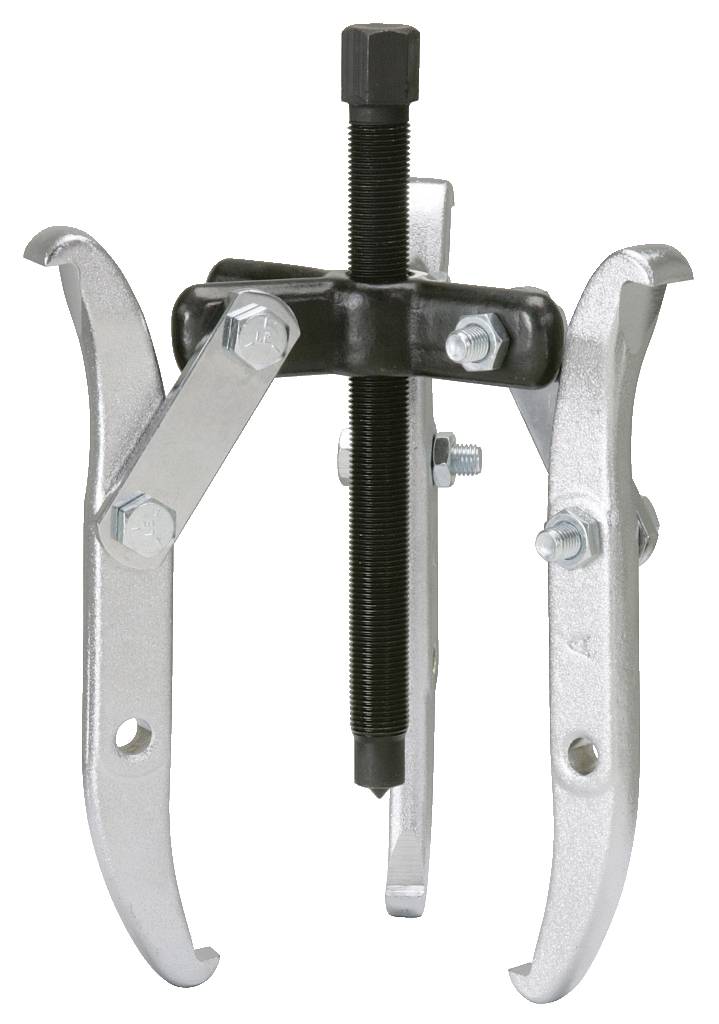 Ein mechanischer Abzieher mit drei Haken zum Entfernen von Lagern oder Zahnrädern. Silberne Haken mit schwarzer Spindelschraube.