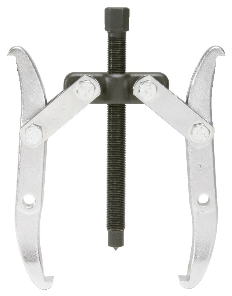 Zweiläufiger Abzieher aus Metall. Mit zwei Hakenarmen und einer zentralen Schraube zum Entfernen von Bauteilen wie Lagern oder Zahnrädern.
