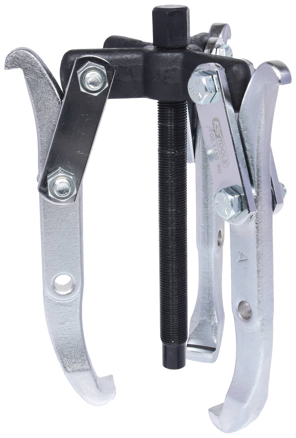 Ein dreibeiniger Abzieher aus Metall, hauptsächlich in Silber und Schwarz gehalten, wird verwendet, um fest sitzende Teile zu lösen.