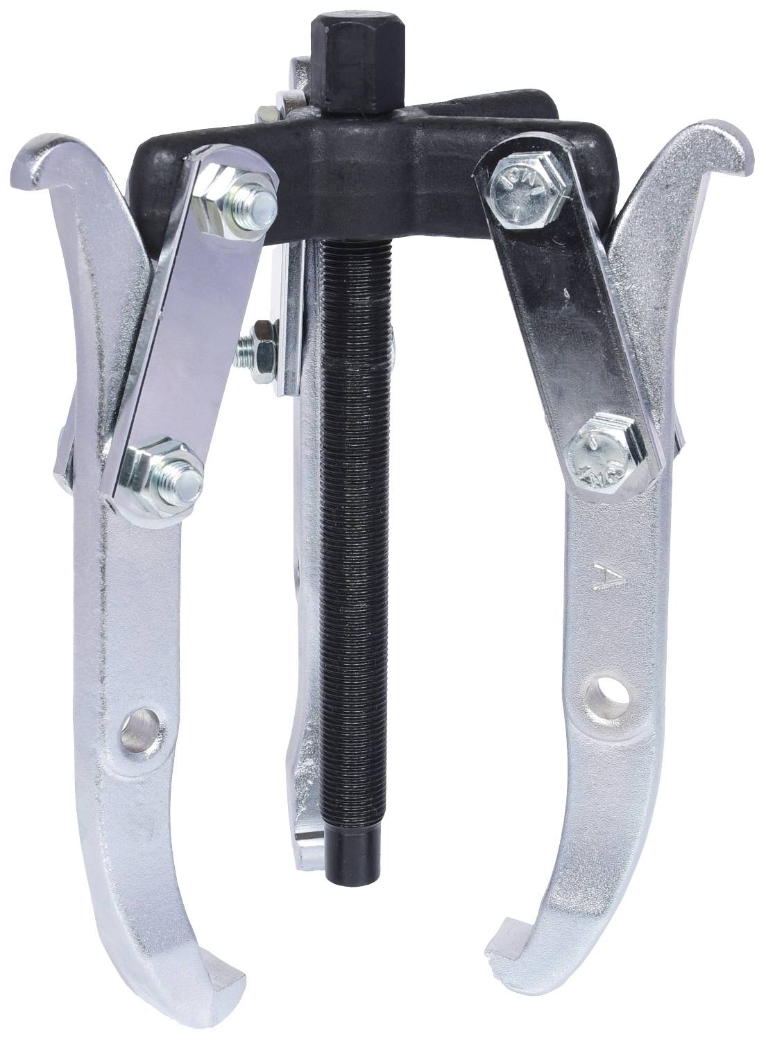 Ein silberner Abzieher mit drei Armen und schwarzem Mittelstück, das zum Entfernen von Lagern oder Zahnrädern genutzt wird.