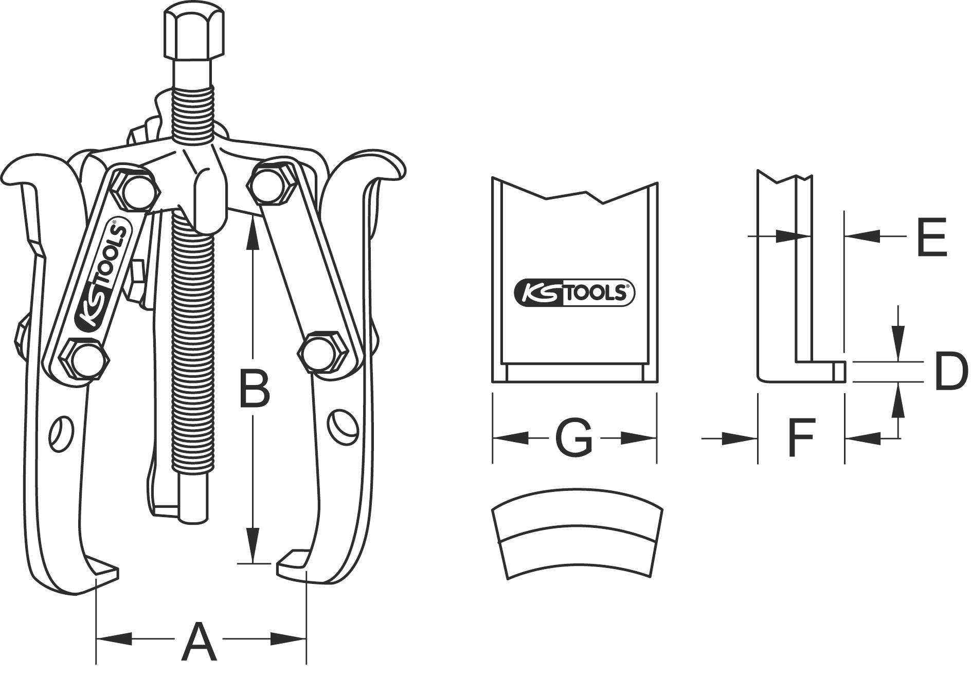 Abbildung eines dreibeinigen Abziehers mit beschrifteten Maßen A, B, D, E, F und G, sowie zwei Detailansichten der Abzieherbacken.