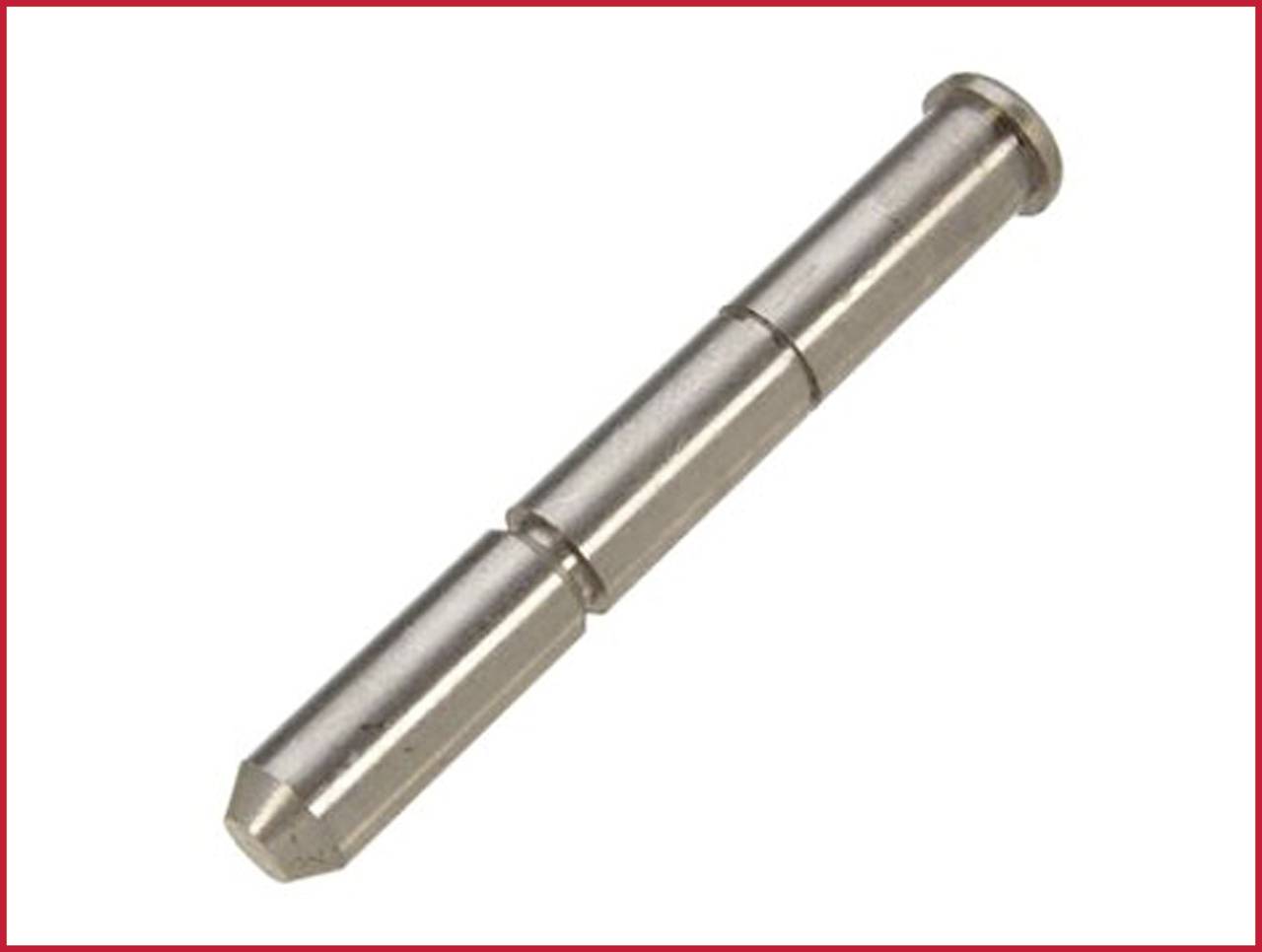 Ein metallischer Bolzen mit zylindrischer Form und abgeschrägtem Ende; möglicherweise ein Teil eines technischen Geräts oder einer Maschine.