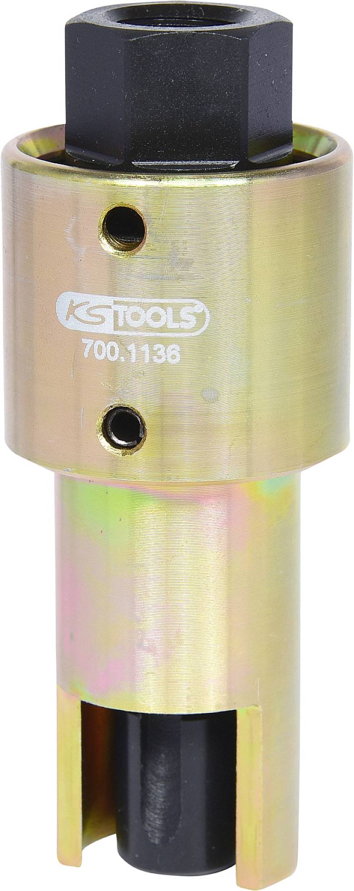 Ein goldfarbenes Werkzeug mit Aufschrift 'KS Tools 700.1136', vermutlich ein Spezialadapter oder Steckschlüssel in zylindrischer Form.