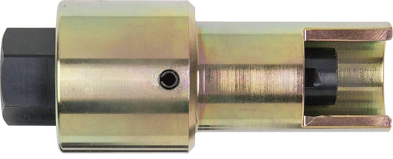Ein zylindrisches Metallwerkzeug mit einem sechseckigen Ende und seitlicher Öffnung. Wahrscheinlich für technische Anwendungen genutzt.