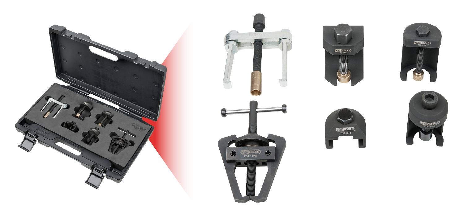 Abzieher-Set mit stabilem Koffer. Verschiedene Aufsätze zum Entfernen von Lagern, geeignet für Mechaniker und Werkstattarbeiten.