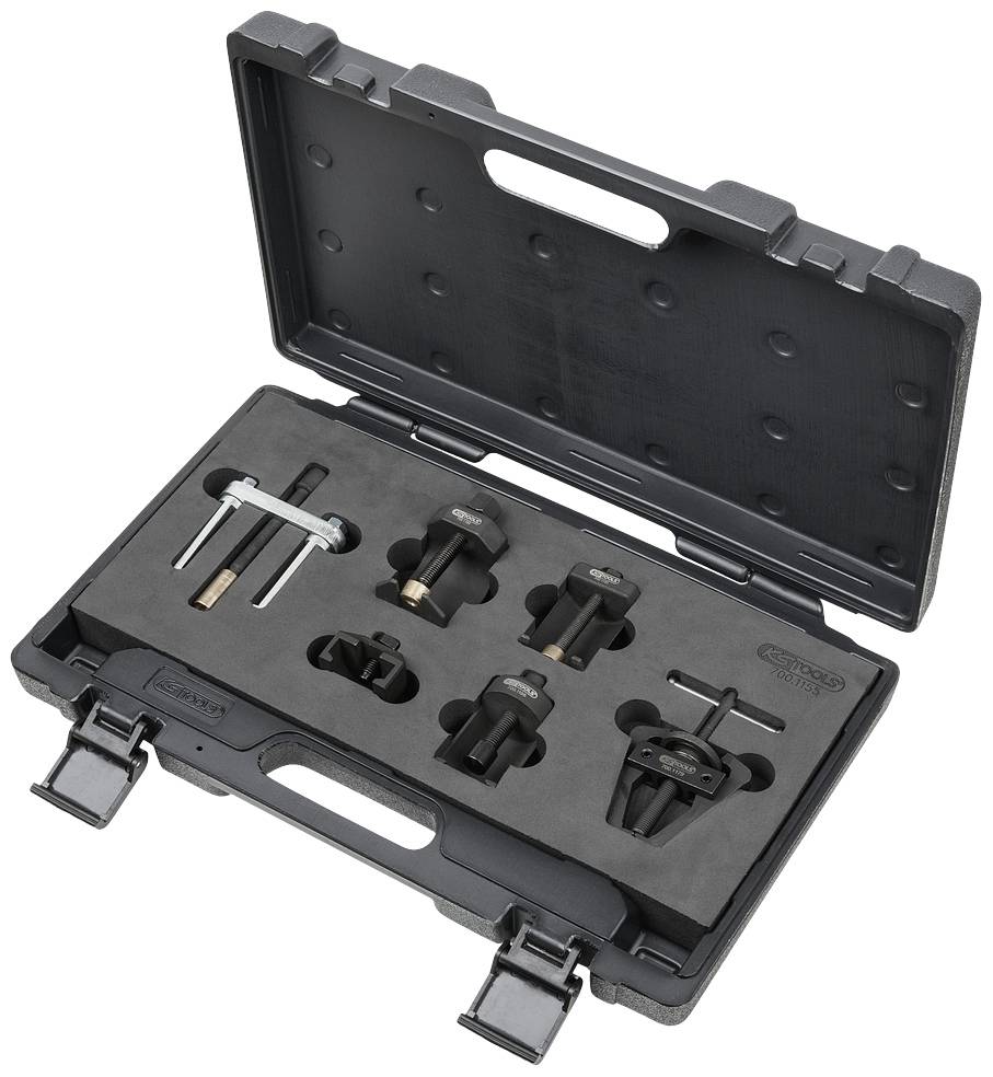 Ein offener schwarzer Kunststoffkoffer mit sechs Autowerkzeugen in Schaumstoffeinlage. Eignet sich für spezifische Reparaturen.