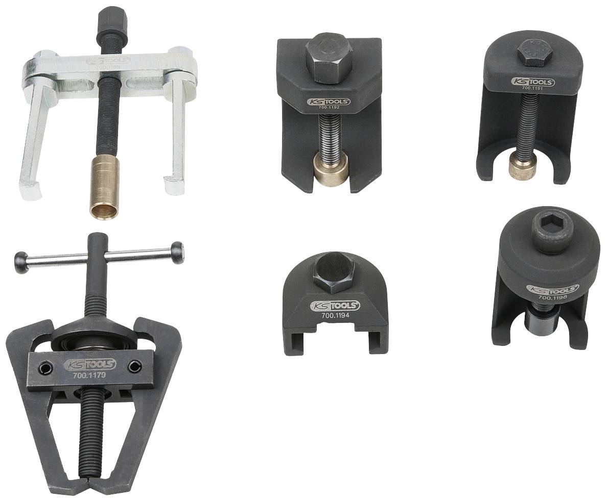 Sechs verschiedene Abzieher und Kugelgelenkwerkzeuge aus Metall für die Autoreparatur, darunter Zweiarm-, Dreiarmabzieher und Sonderwerkzeuge.