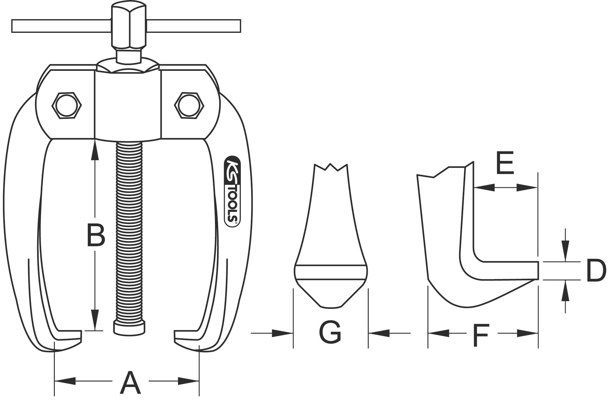 Technische Zeichnung eines Zweiarm-Abziehers mit Maßen von A bis G, zeigt Details der Abmessungen und des Designs für technische Anwendung.