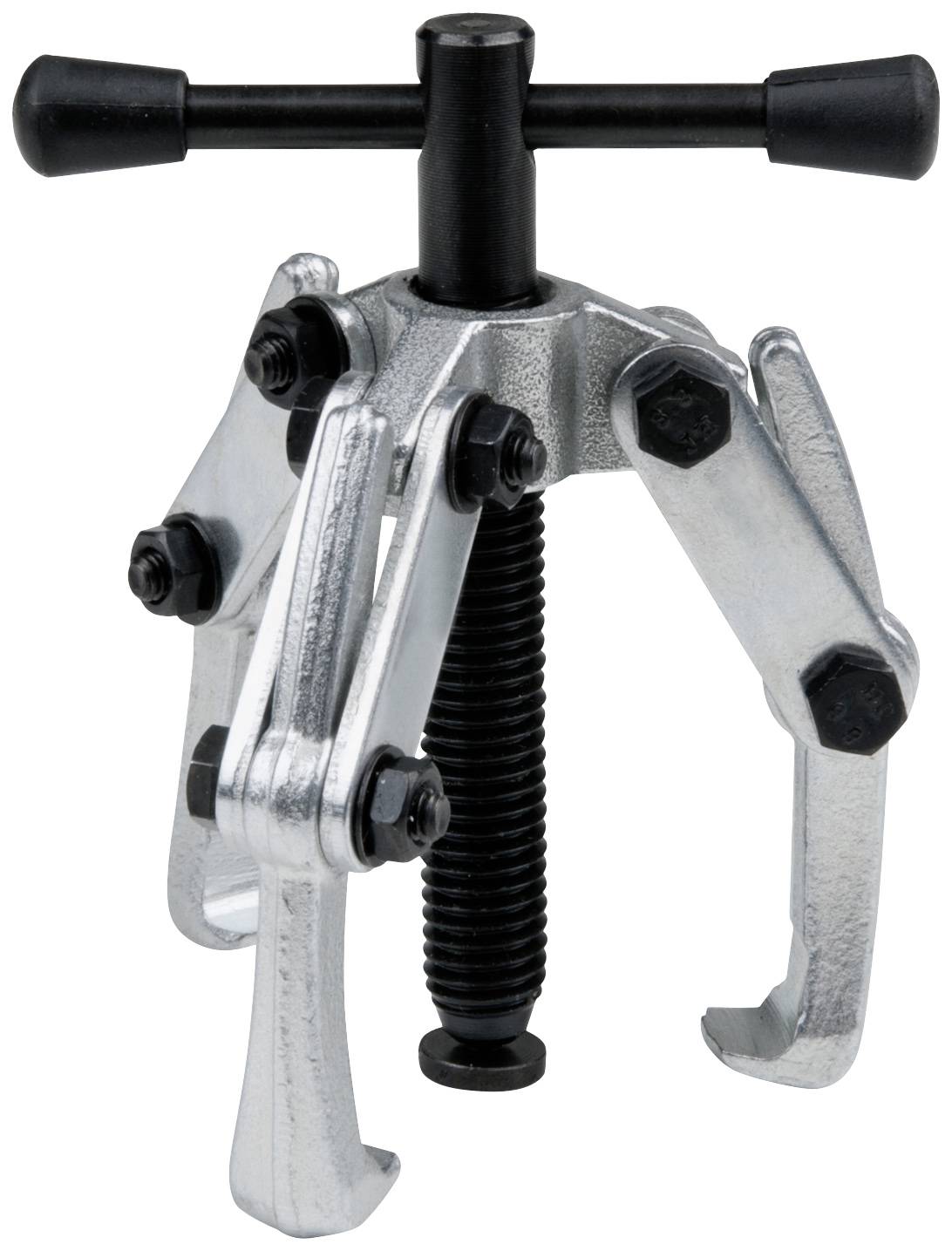 Ein dreibeiniger Abzieher aus Metall mit einem schwarzen Schraubmechanismus in der Mitte. Hauptsächlich für das Entfernen von Lagern oder Zahnrädern verwendet.