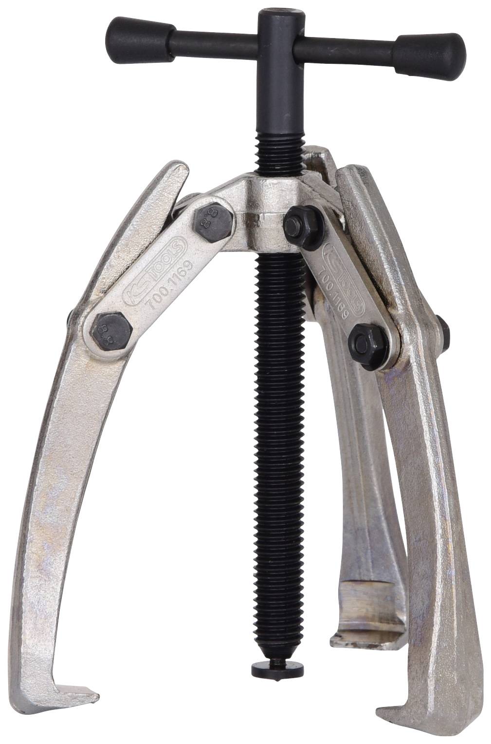 Ein dreibeiniger Abzieher aus Metall mit einer zentralen Schraube und Griff oben, verwendet zum Lösen von festsitzenden Teilen wie Zahnrädern oder Lagern.